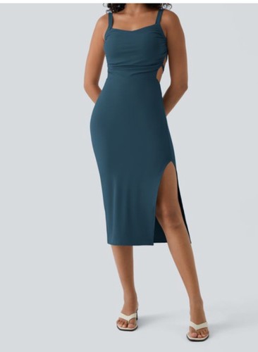 Halara Dress Small Ruched Backless Crisscross Lace Up Split Bodycon Midi Casual - Picture 3 of 10