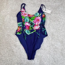 Tinibikini Tropical Shimmery Print One Piece Swimsuit Navy Blue Womens Large