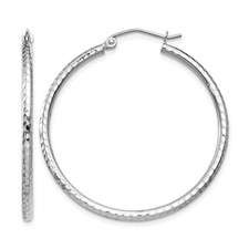 14k White Gold Diamond-cut 2mm Round Tube Hoop Earrings L-35 mm, W-35 mm 1.57gm