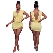 LATEST DESIGN Yellow Cowl Neck Backless Mini Bodycon Evening Dress UK Size 8