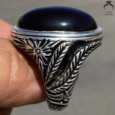 Elegant Black Yemeni Aqeeq Ring Natural Agate Handmade Oval Jewelry