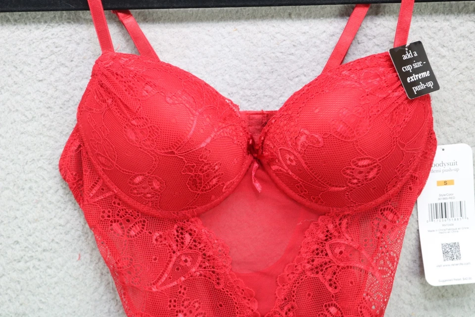 Rene' Rofe' Bodysuit Demi Push-Up Red-Small/Petite-Sexy-Lacy-Sheer-NWT - Image 3 of 4