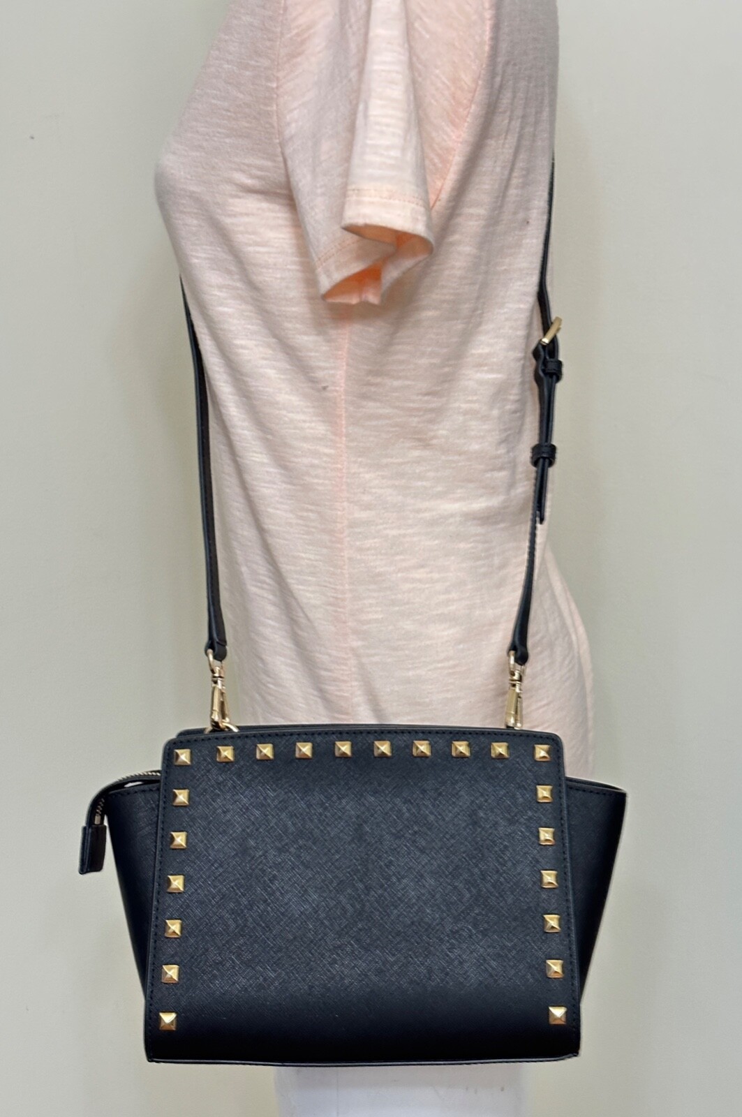 Michael Kors Selma Stud Medium Black Saffiano Leather Messenger Bag