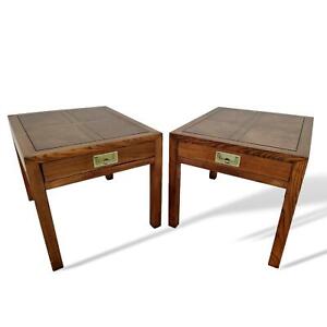Authentic Henredon Campaign Parquetry Top Burl Walnut 2 Parsons Side End Tables Authentic Henredon Campaign Parquetry, Burl Wood Side End Tables