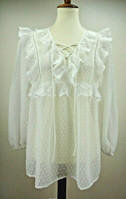 Henna S Womens Medium Lacey Sheer White Front Tie Baby Doll Boho Country Blouse