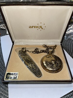 Vintage Arnex Pocket Watch Deer & Buck with Pocket Knife Quartz