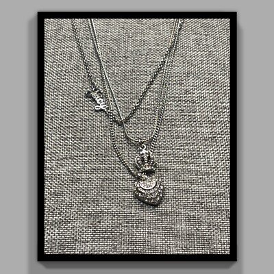 Juicy Couture Triple Strand Silver Charm Necklace with Pave Crystal Accents