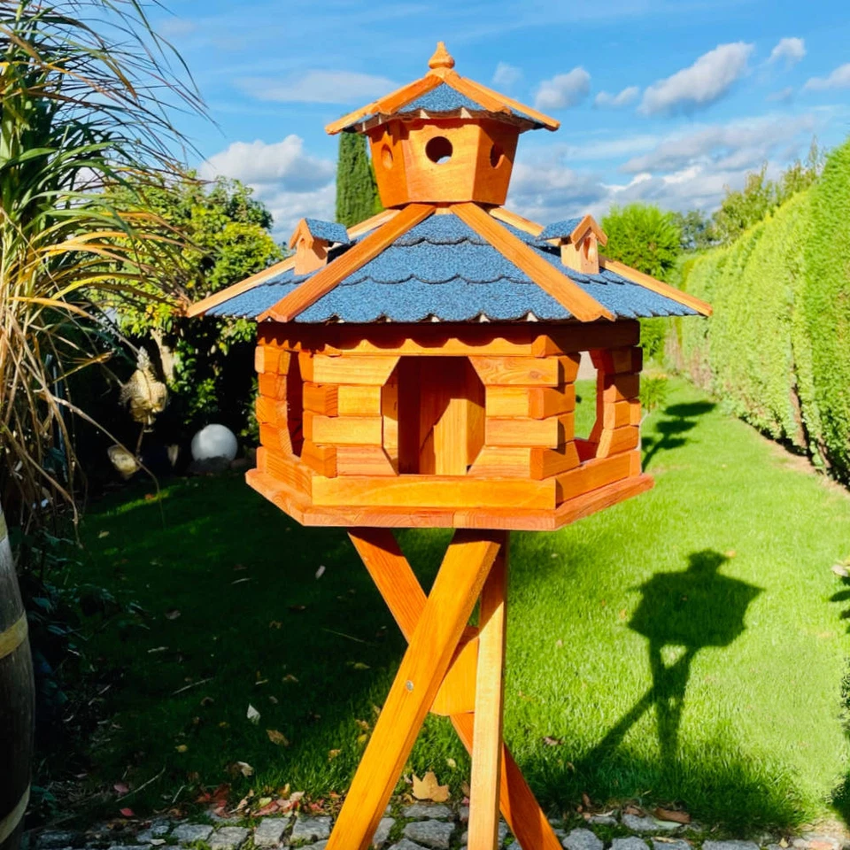 DARLUX Vogel Futter Haus XXL Futterstelle Sechseck Vogelhaus+ Ständer Braun/Blau - Bild 2 von 4