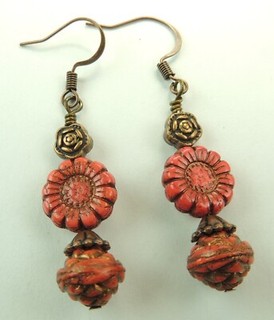 Red Flower Czech Dangle Earrings & Etched Beads Bohemian Chic Handmade Jewelry