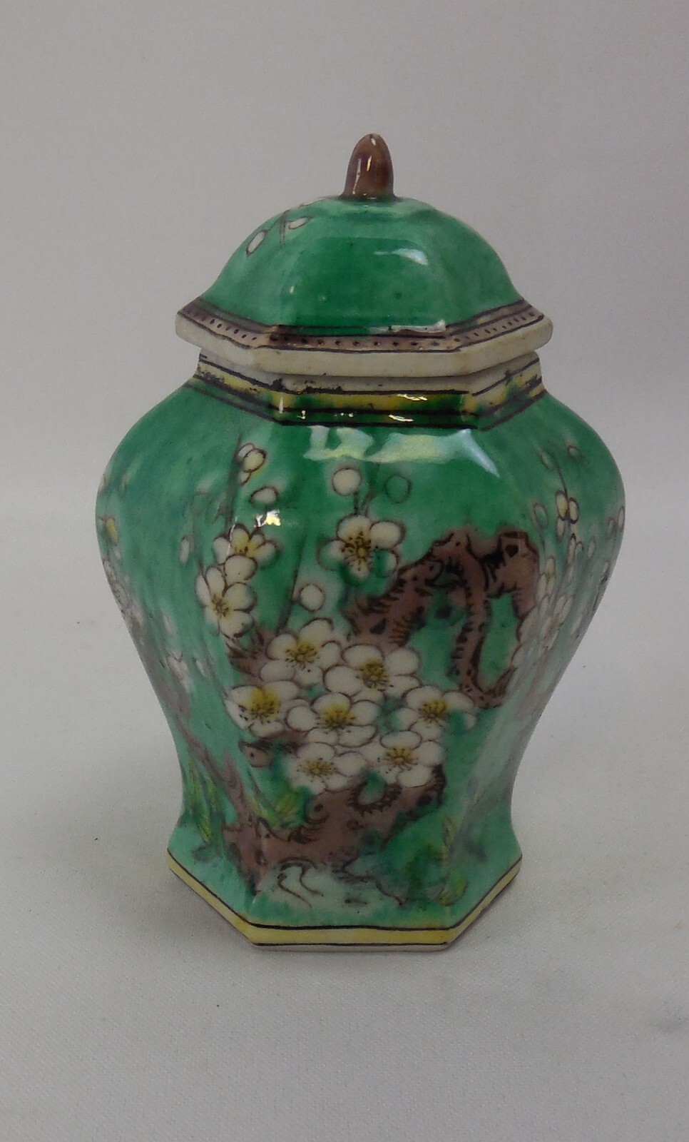 Old Chinese Porcelain Covered Ginger Jar Green with Cherry Blossoms