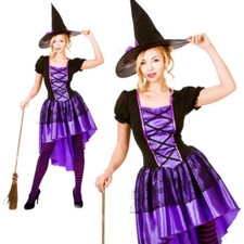 Ladies Glamorous Purple Witch Halloween Fancy Dress Costume UK 6-24 + Hat