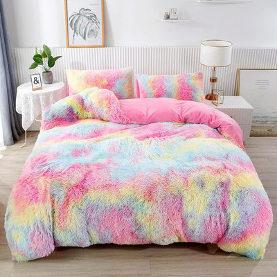 3Pcs Rainbow Girls Bedding Sets Queen Size Ultra Soft Long Hair Plush Shaggy Duv