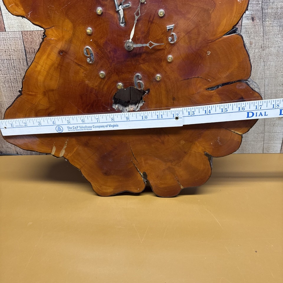 Vintage Large 18” Lacquered Wood Slab Tree Stump Clock Live Edge Cabin ...