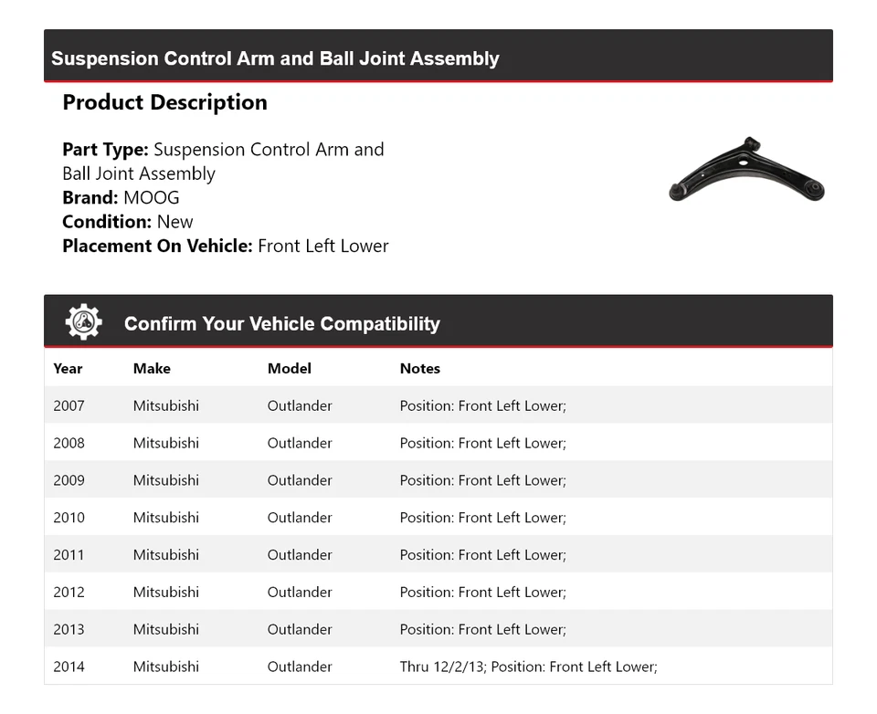 Рычаг управления передний левый нижний для Mitsubishi Outlander 2007-2014 годов выпуска MOOG 2007 2008 - Изображение 2 из 4