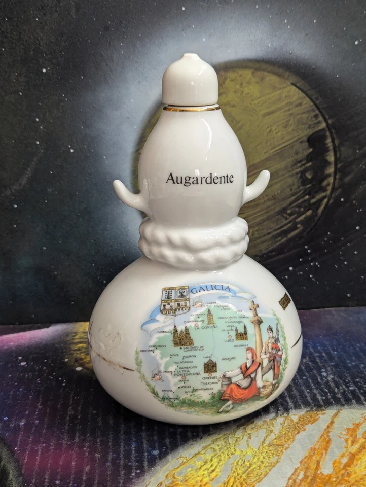 Contenedor de jarra de vino vintage de porcelana Augardente Galicia de 8" borde dorado Vigo Foto 3 de 4