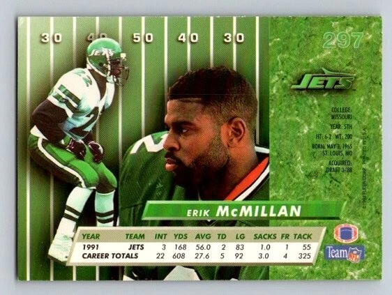 1992 Fleer Ultra Erik McMillan #297 New York Jets - Image 2 of 2