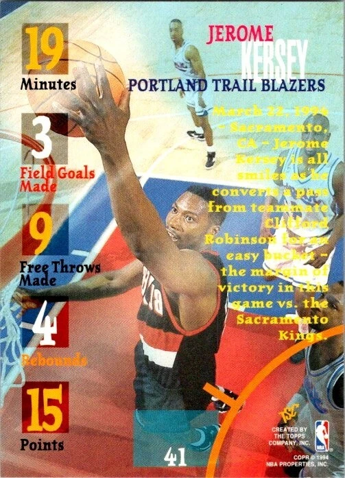 1994-95 Topps Stadium Club - Through the Glass Jerome Kersey #41 - Image 2 of 2