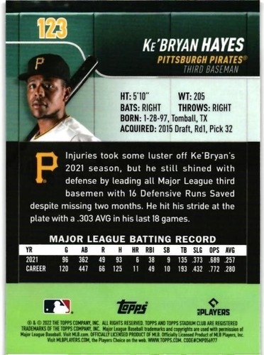2022 TOPPS STADIUM CLUB CHROM # 123 - Ke'BRYAN HAYES - PITTSBURGH PIRATEN - Bild 2 von 2