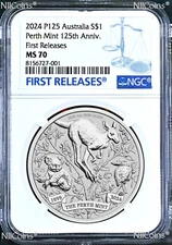2024 P Perth Mint 125 Anniv. 1oz Silver Kangaroo/koala/Kooka NGC MS70 $1 Coin F