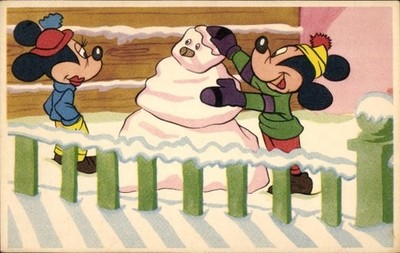 Postcard Walt Disney, Mickey Mouse, Minnie, Snowman - 11121504