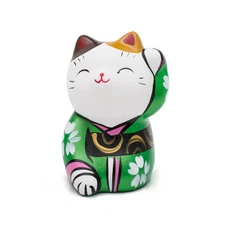 THY COLLECTIBLES Hand Painted Feng Shui Mini Maneki Neko Lucky Cat Green Small
