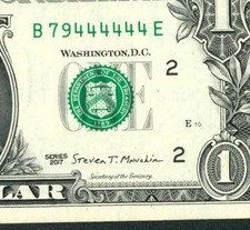 (( TRINARY - 6 IN A ROW  )) $1 2017 ((VF+)) (( 79444444 )) FANCY SERIAL #