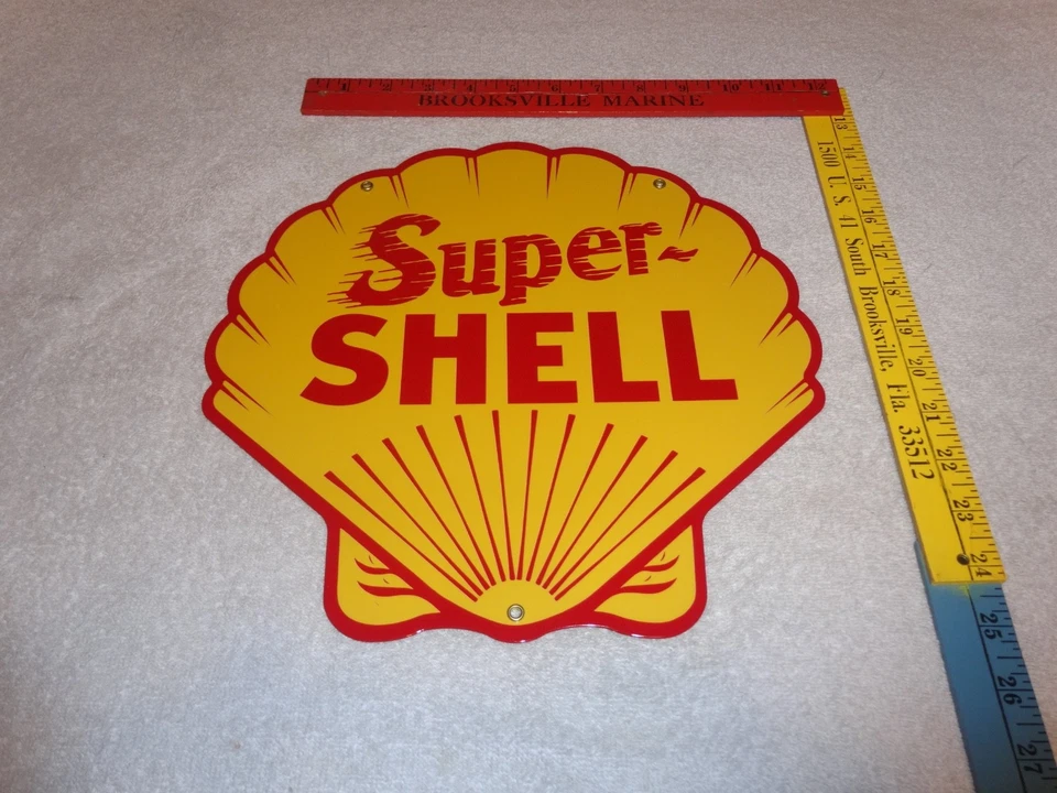 LETRERO DE ESTACIÓN DE SERVICIO VINTAGE SUPER SHELL GASOLINA AMARILLO 11 3/4" PORCELANA METAL Foto 4 de 4