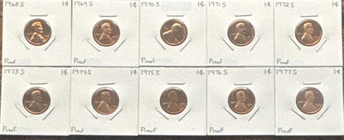 1968-1977 Lincoln Proof Cent Lot (10). Lower mintages.