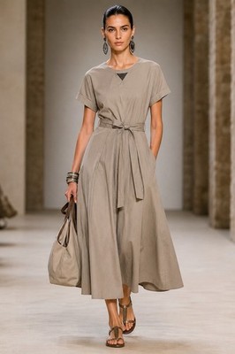 Brunell Cucinelli Cotton Belted MIDI Dress Monilli Taupe Beige Sz M NWT