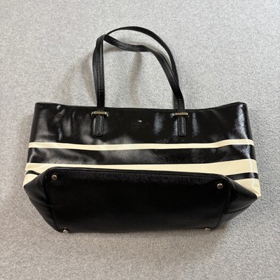 Kate Spade Tote Purse Womens Large Black White Stripe Patent Shoulder Bag  Lined