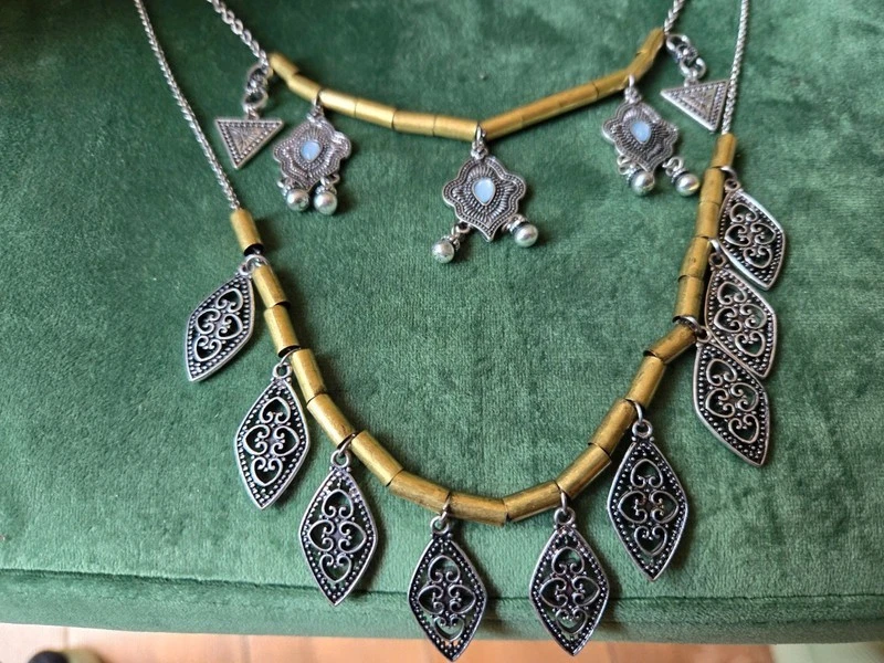 Doppel Kette Silber Gold Charms Orientalisch Türkis Perlen Anhänger festlich - Bild 2 von 4