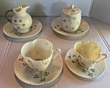 Vintage Shamrock Belleek Shamrock Basket Weave EUC Cups/Saucers/Creamer/Jar