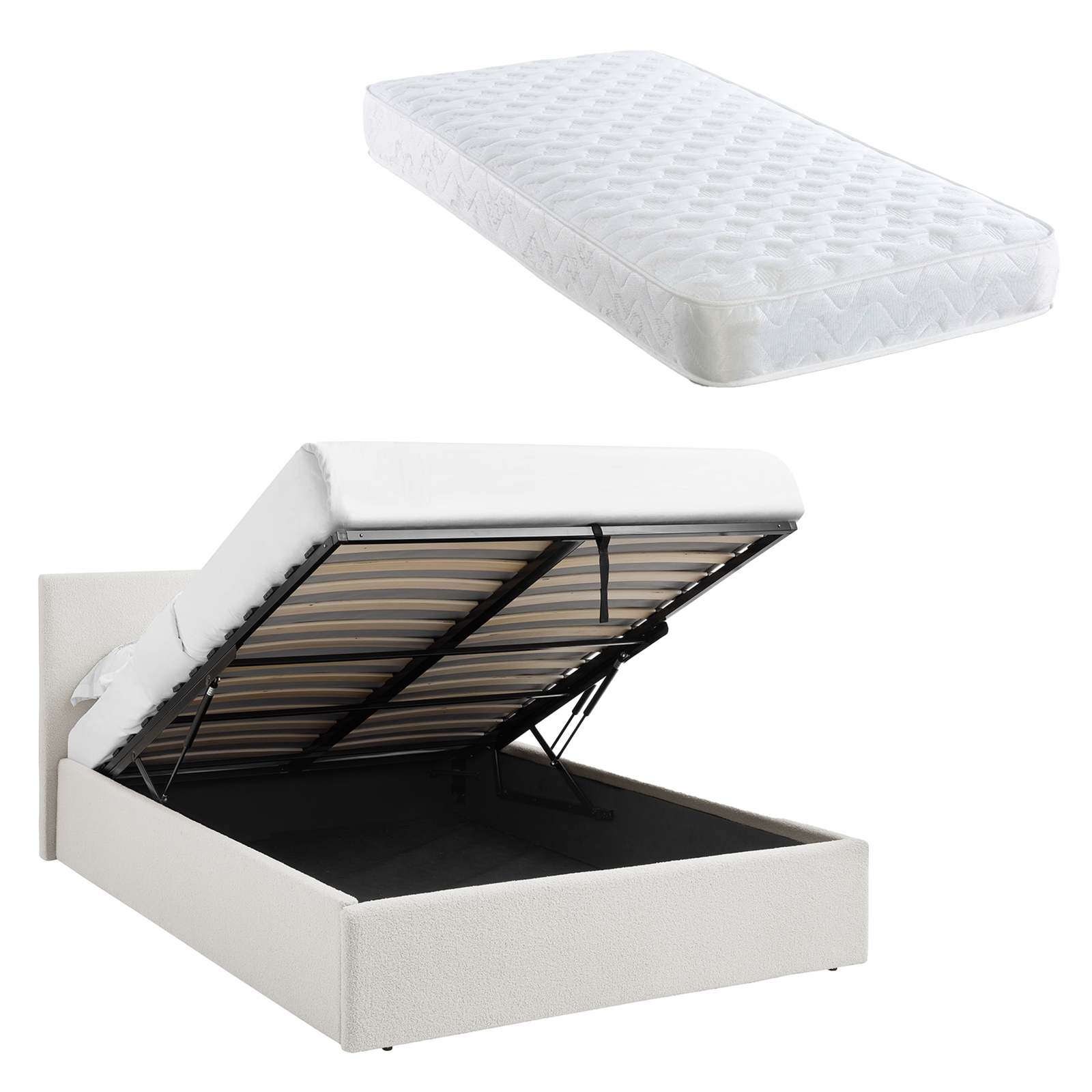 5FT Kingsize Bed Lift Up White Frame + Sprung Mattress TEDDY BOUCLE