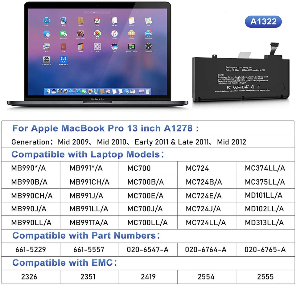 Batería A1322 para Apple Macbook Pro 13 pulgadas A1278 mediados de 2012 2010 2009 principios de 2011 Foto 2 de 4