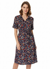 Damart Floral Shirt Dress UK 16 Retro Navy Midi Belted Pockets Bow Sleeve