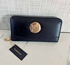 bebe Melendy Zip Around Wallet Clutch 7.5  x 4  x 1  Black Faux Leather Pockets