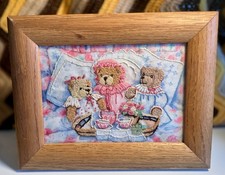 Vintage Hand Embroidered Teddy Bear Tea Party Picture Framed Nursery Wall Art