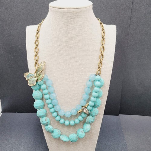 Fossil Butterfly Dragonfly Necklace Large Blue Beads Statement - Picture 3 of 15