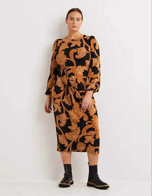 BODEN Crew Neck Knot Detail Midi Jersey Dress Long Sleeve Stretch Fall Medium 8