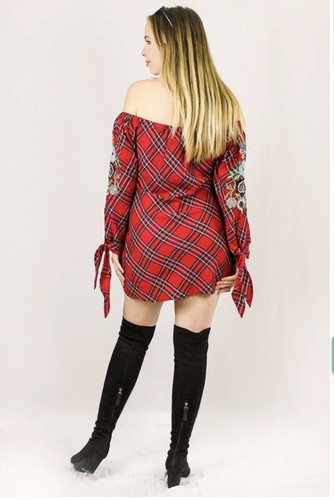 Avani Del Amour Red Plaid Flannel Embroidered Off The Shoulder Tunic Top Size L - Picture 4 of 9
