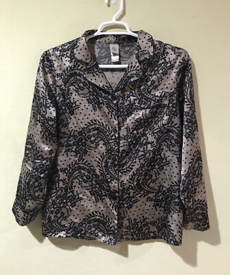 In Bloom Satin Pajama PJ Sleep Button Front Long Sleeve Top Sz Med Nude Black 