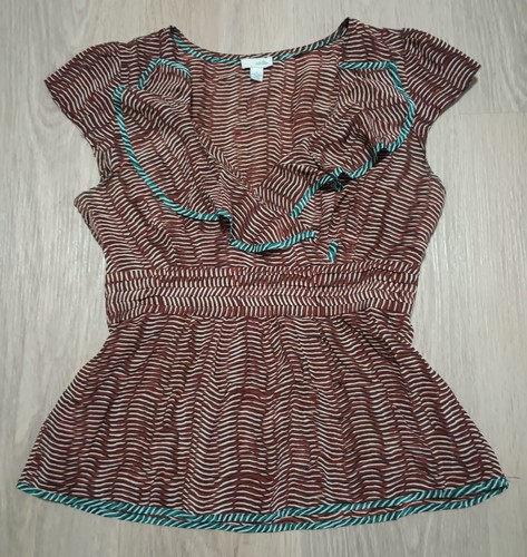 ODILLE Anthropologie 100% Silk Wrap Bodice Surplice Peplum Wave Print Top 2
