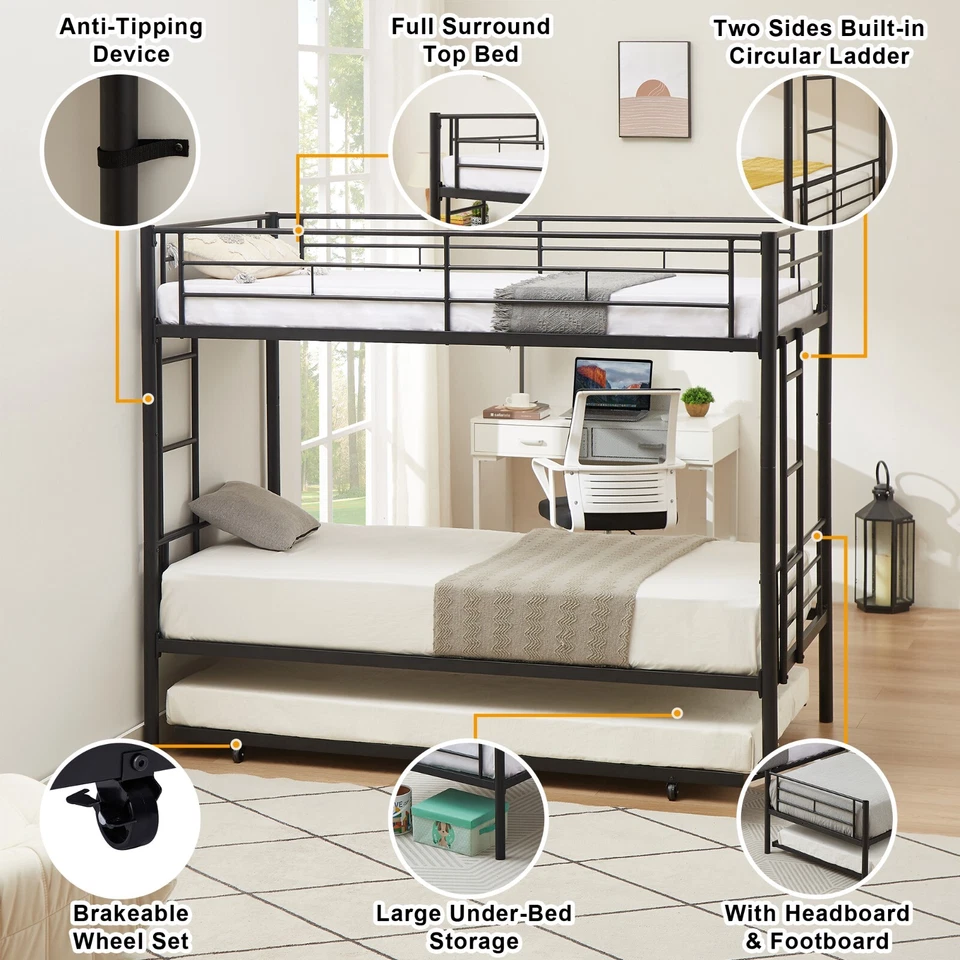 Marco de litera doble con cama nido de metal, escalera y barandilla de longitud completa nuevo Foto 4 de 4