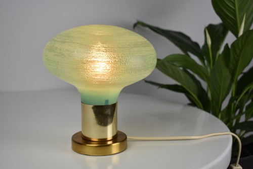 VTG Mushroom MCM Table Lamp Textured Mint Green Glass Shade Brass Base 70s - Picture 9 of 11
