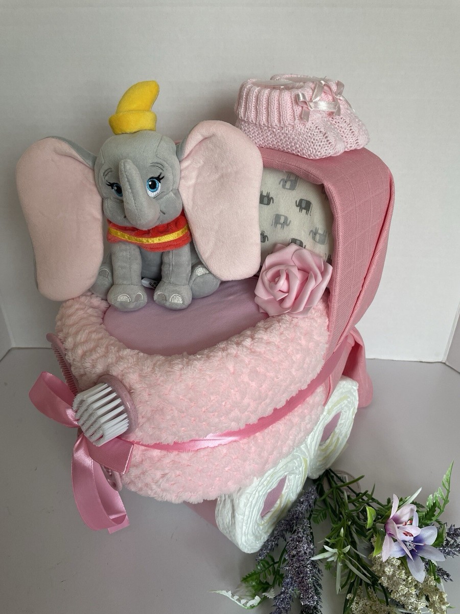 Pink Dumbo Nappy Cake Pram, Baby Gift Hamper, Baby Shower Gift, Baby Girl  Gift