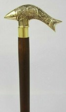 Handmade Walking Stick Wooden Cane Brass Fish Head Handle Victorian Style Gift