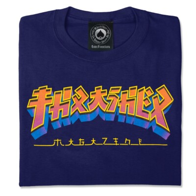 Thrasher Magazine GODZILLA BURST LOGO Skateboard T Shirt NAVY BLUE