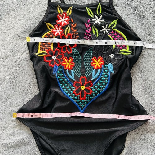 Yang Zi Gang Black Fiesta Mexican Embroidered One Piece Swimsuit Large High - Picture 7 of 8
