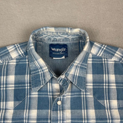 Camisa Denim Wrangler De Colección Para Hombres Grande Perla A Presión Azul Cambray Colas X Largas - Imagen 2 de 19
