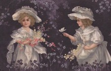 Postcard - Girls in White Surrounded by Flowers - Butterfly - Used/Posted